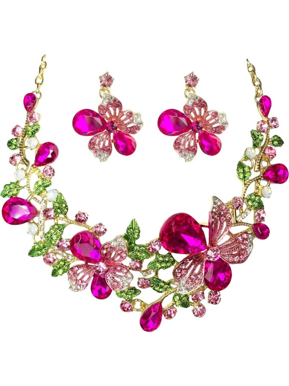 Chunky Crystal Flower Bib Necklace & Earrings Set - Statement Jewelry for